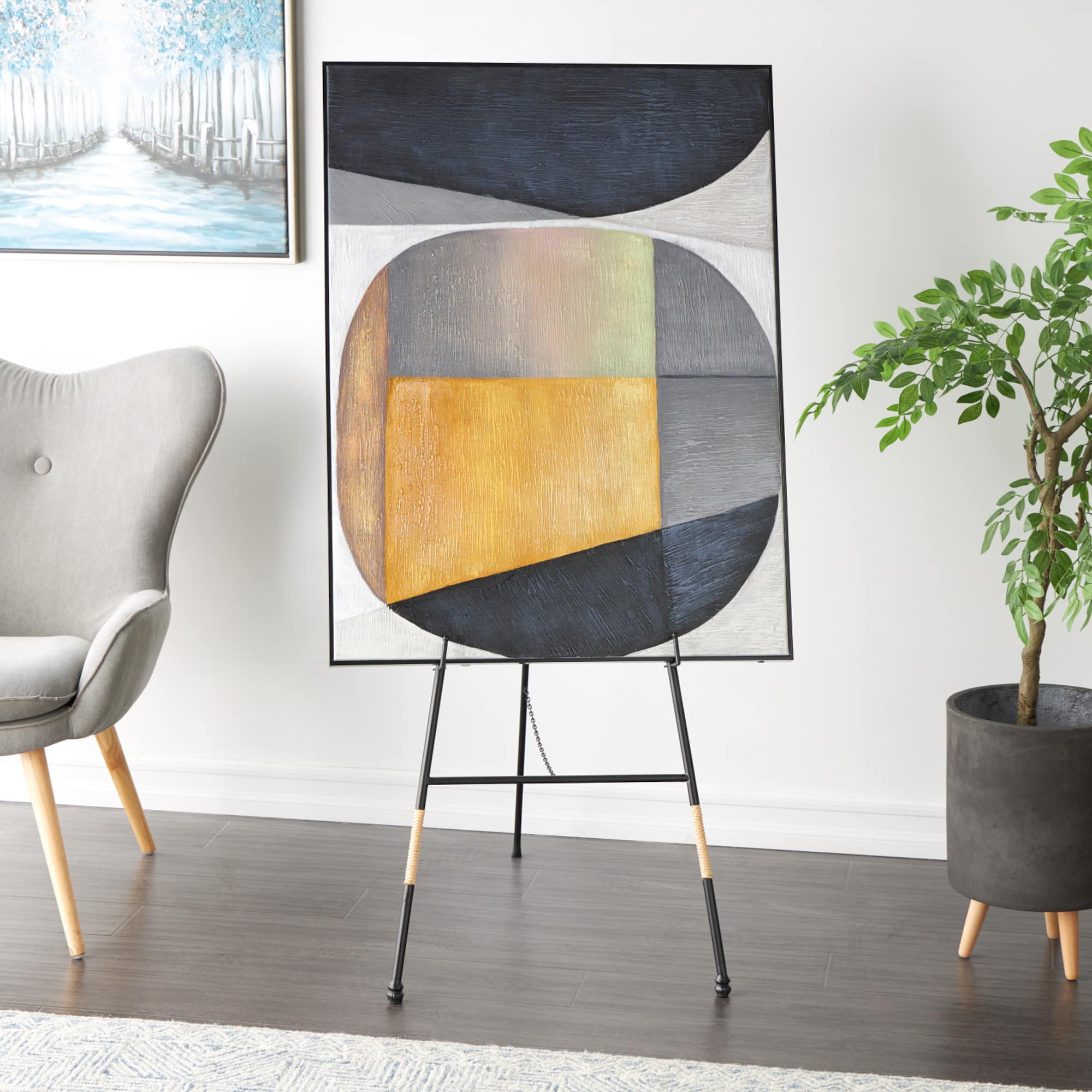 53.5" Black Metal Slim Foldable 2-Tier Easel with Wrapped Rattan Accents